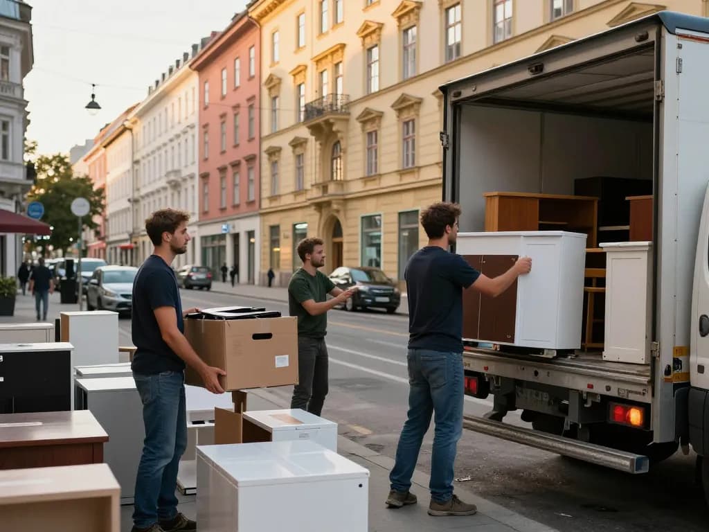 Effizientes Team bei der Entrümpelung Wien mit professionellen Umzugshelfern, die Haushaltsgegenstände auf einer sonnigen Straße organisieren.