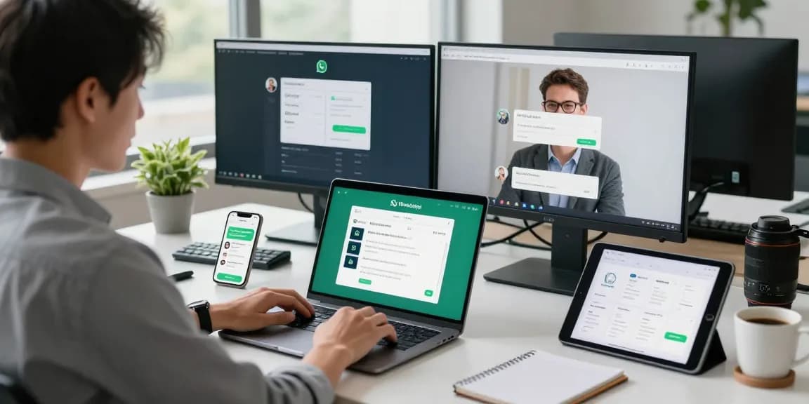 Professional using WhatsApp網頁版 on a dual-screen setup in a bright office environment.