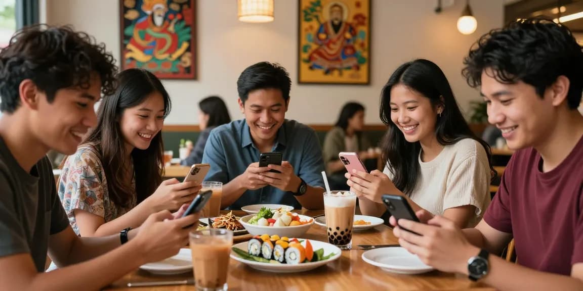 Sharing cultural experiences from https://hanadultalk.com in a vibrant café with Asian cuisine.