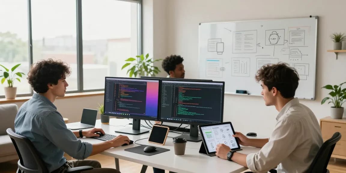 Developers in a vibrant workspace build Android apps from scratch, collaborating with dual monitors and a tablet.