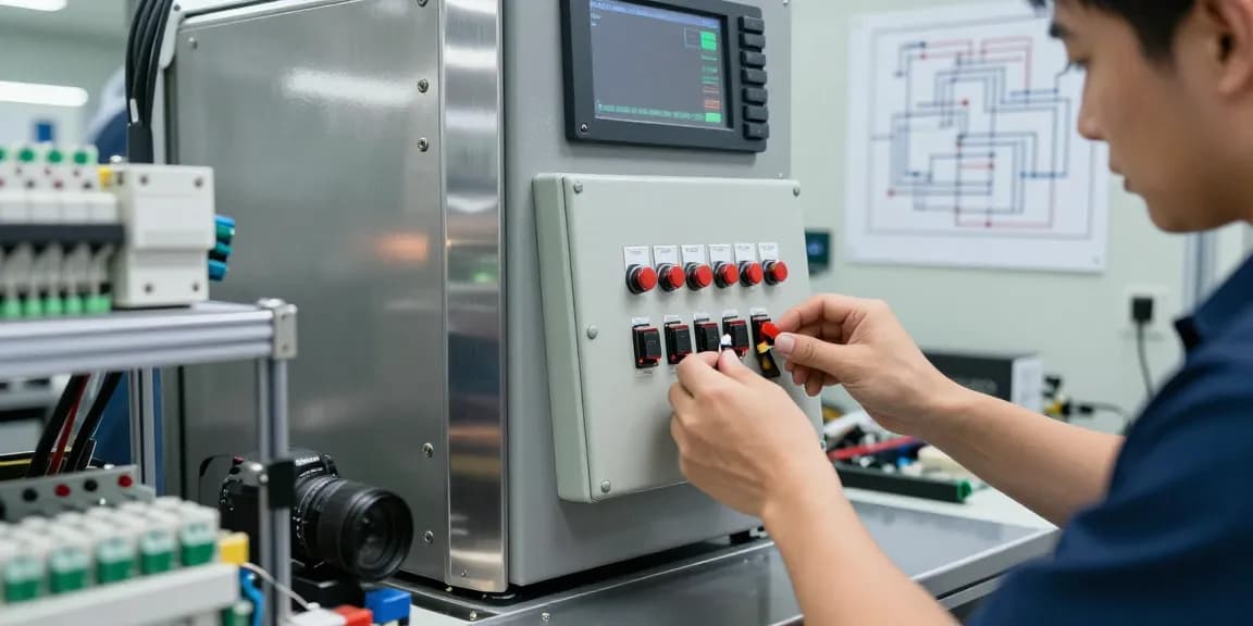 Technician installing a capacitive switch in a modern manufacturing setup, showcasing precision engineering.