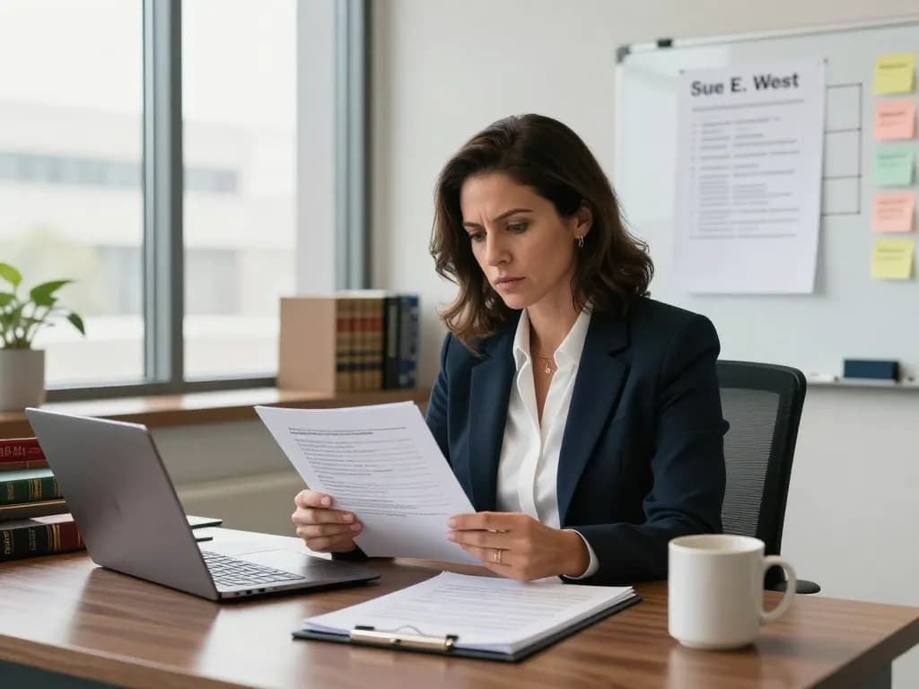 Sue E. West, a Houston Injury Attorney, reviewing legal case files in her bright office, showcasing professionalism and dedication.