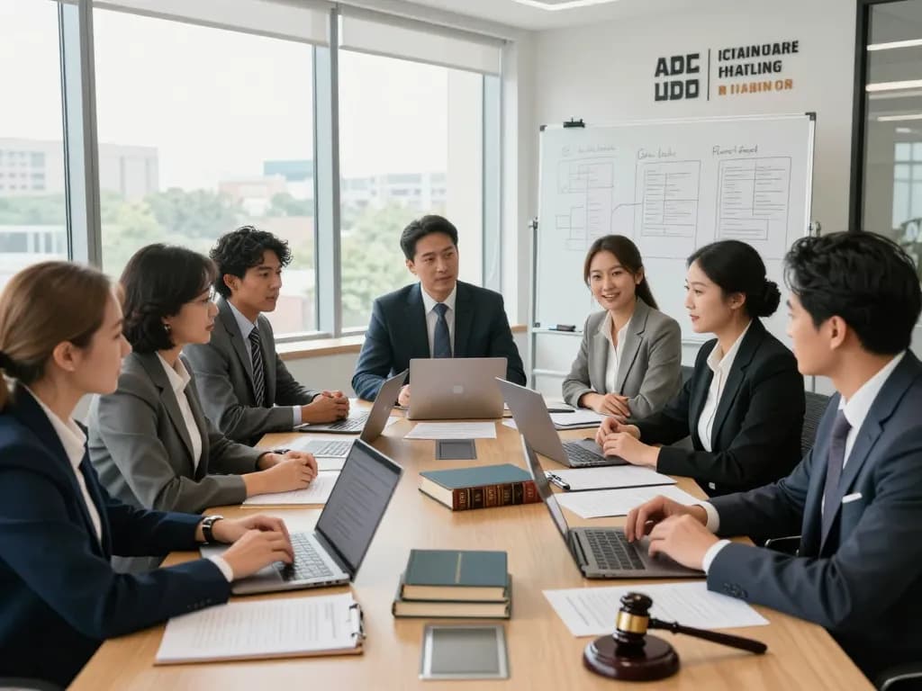 American attorneys collaborating in a modern law office meeting, discussing strategies and sharing insights.