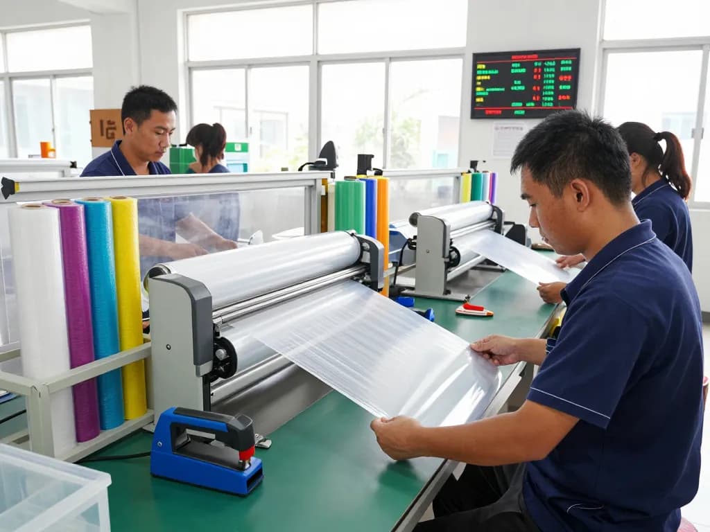 Bóc ép plastic tại hà nội in a modern workshop with skilled workers handling colorful plastic materials and equipment.