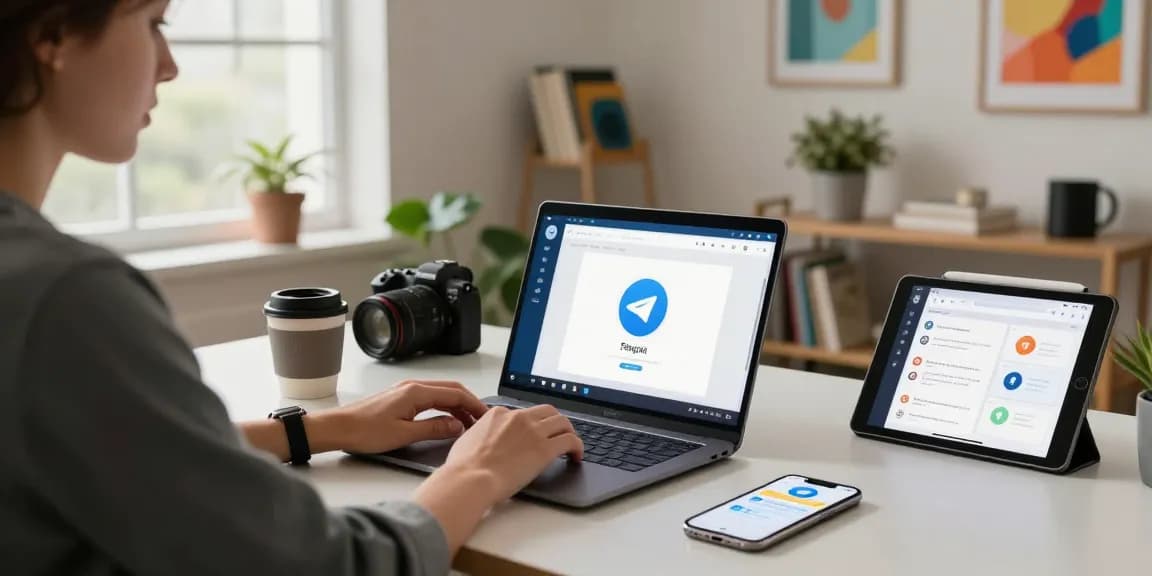 Setting up the telegram chinese desktop app in a bright modern office.