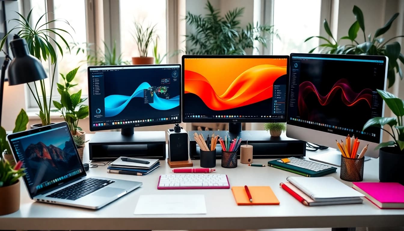 Die professionelle digitale Arbeitsumgebung bei https://alvionz.de/ zeigt moderne Geräte und kreative Elemente.