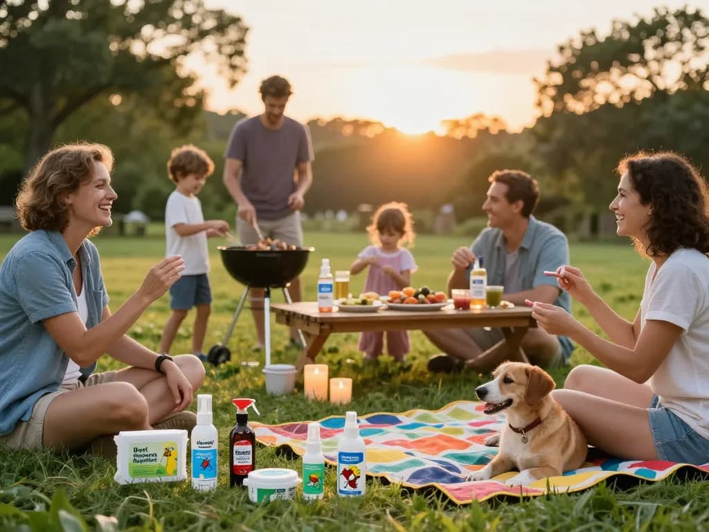 Family enjoying a backyard barbecue while applying the Best Mosquito Repellent products under warm summer sunset.