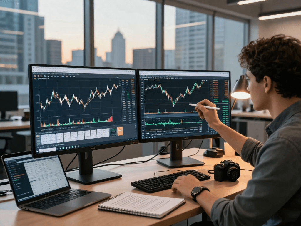 MetaTrader 5 交易者在现代办公环境中分析市场数据与图表，展现专业金融交易氛围
