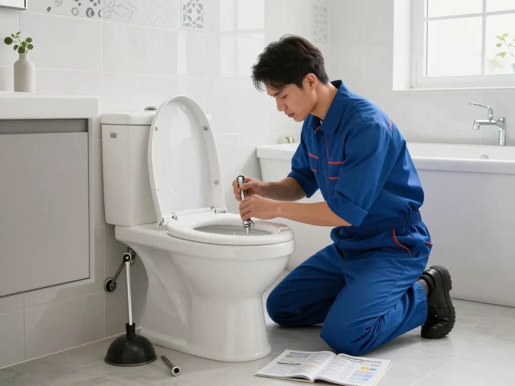 Apex Plumbing Services Inner West Sydney plumber diagnosing toilet issues in a modern bathroom.