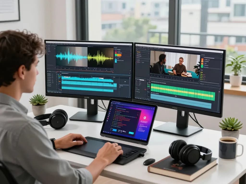 Video to promptgenerator in use as a content creator analyzes video prompts at a modern home office desk.