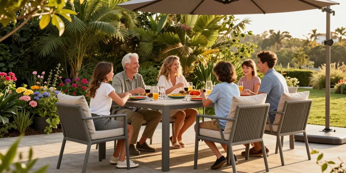 Gathering around stylish patio furniture from the best patio furniture brands, showcasing dining and relaxation.