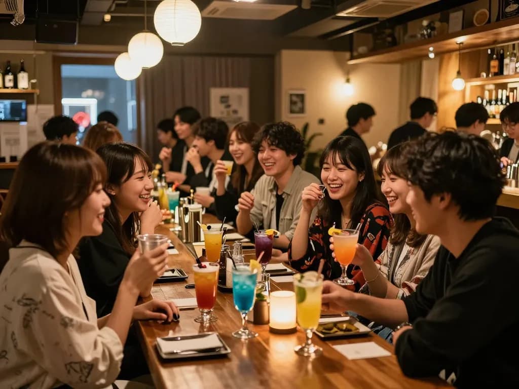 地元の文化を反映したおしゃれな客が飲み物と会話を楽しむオビヒロの魅力的なナイトライフシーン。
