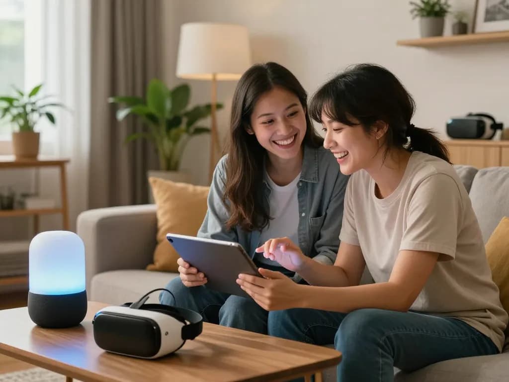 Couple enjoying ai sex interaction with advanced AI companion in cozy living room