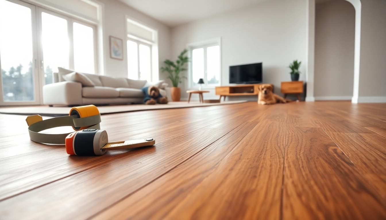 Install flexible vinyl plank flooring in a modern living room, showcasing textures and natural light.