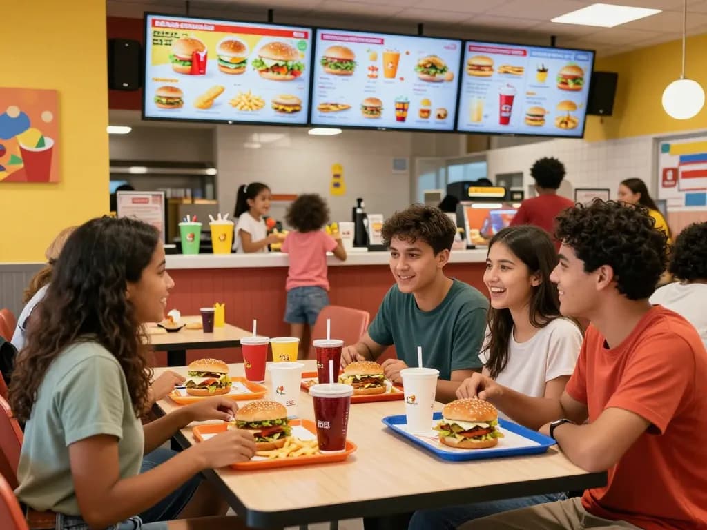 Fast food menu with colorful trays of burgers and fries in a lively restaurant setting.