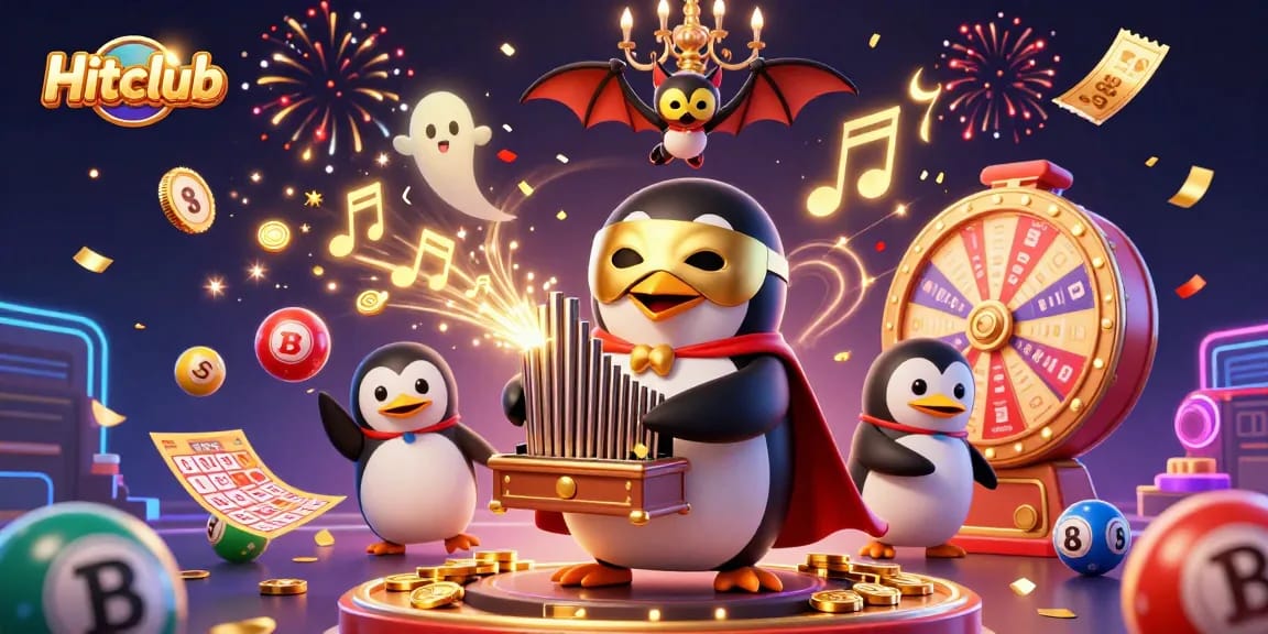 Hitclub offers exciting gameplay with a penguin playing music amidst vibrant casino elements and golden notes.