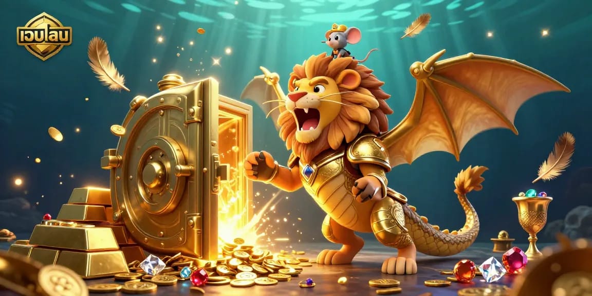 Engage in เว็บบอล betting with an immersive 3D illustration showcasing a chimera triumphantly surrounded by gold treasures.