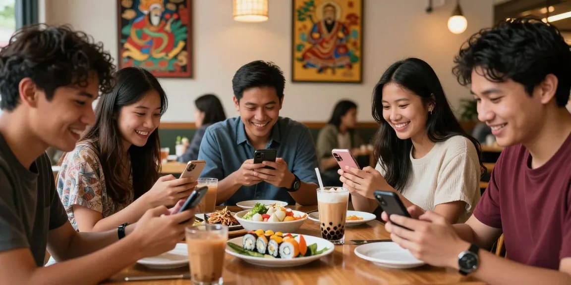 Sharing cultural experiences from https://hanadultalk.com in a vibrant café with Asian cuisine.