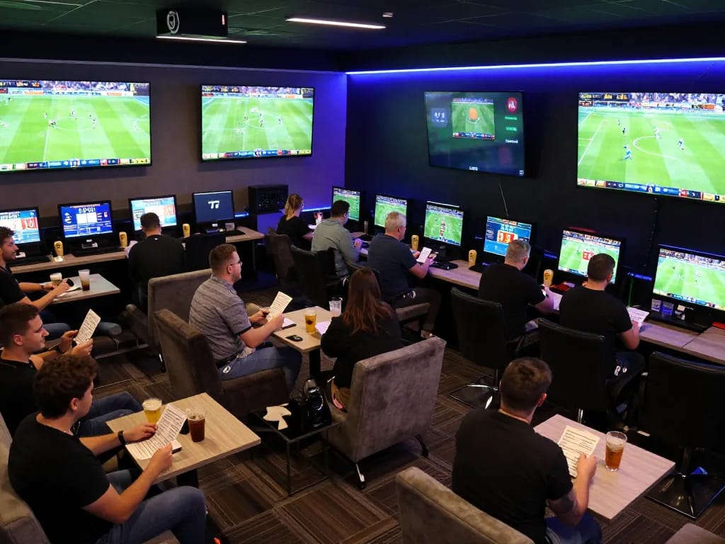 Fans placing bets at Lương Sơn TV, surrounded by screens showing live sports