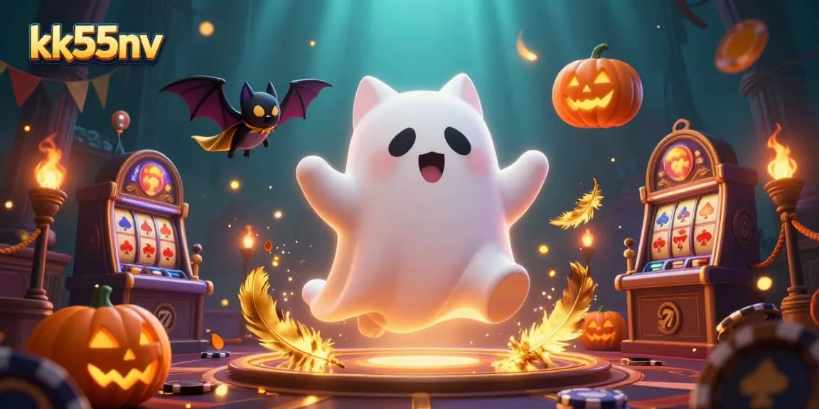 Engage in the magical gaming world of kk55nv featuring a ghost cat, vampire bat, and glowing poker pumpkins.