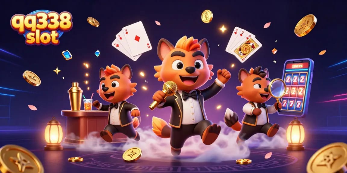 Play slots and win with qq338 slot's engaging casino illustration featuring hyena characters.