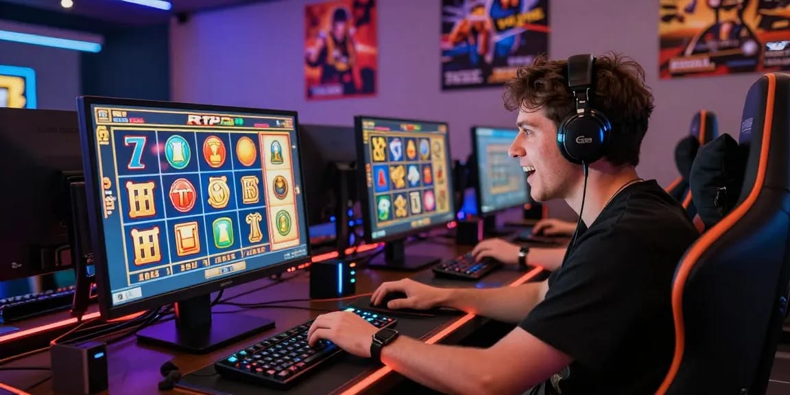 Pengalaman bermain rtp slot online dengan suasana penuh warna dan semangat di ruang gaming yang nyaman.
