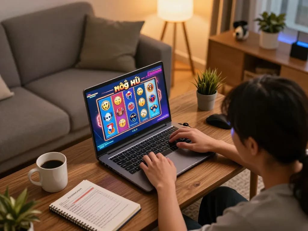 Player engaging with nổ hũ on laptop in cozy home setup, showcasing colorful gaming interface.