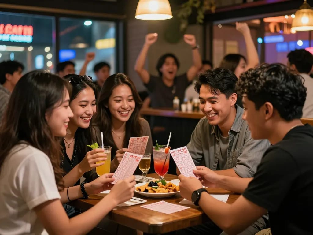 Keluaran HK celebration with friends checking lottery results in vibrant nightlife.