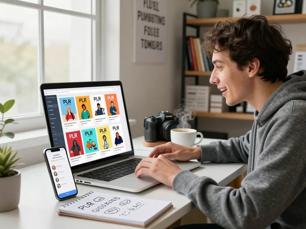 Buy PLR Digital Products showcased in an e-commerce workspace filled with vibrant product covers, reflecting entrepreneurial spirit.