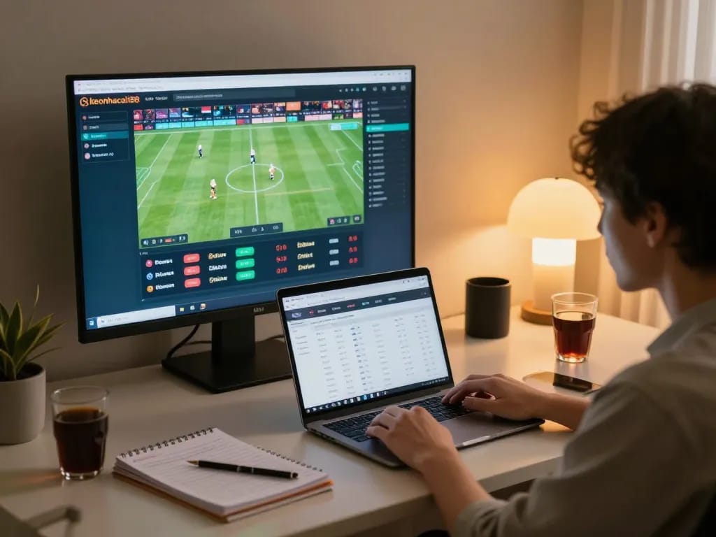 Betting enthusiast using the keonhacaii88 app for live sports wagering with engaging home atmosphere