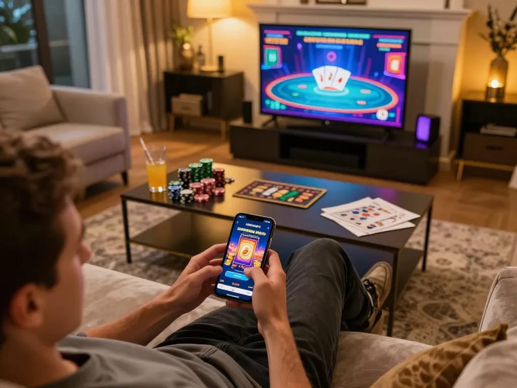 Engaging with the 789betgo app on a smartphone in a stylish home setting