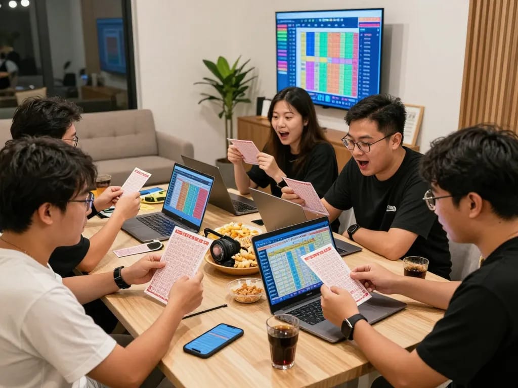 Keluaran HK gaming results with friends analyzing tickets in a vibrant setting