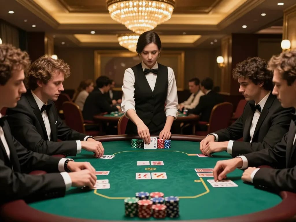 Engaged players in a mini-game poker showdown, analyzing bets around a green felt table.