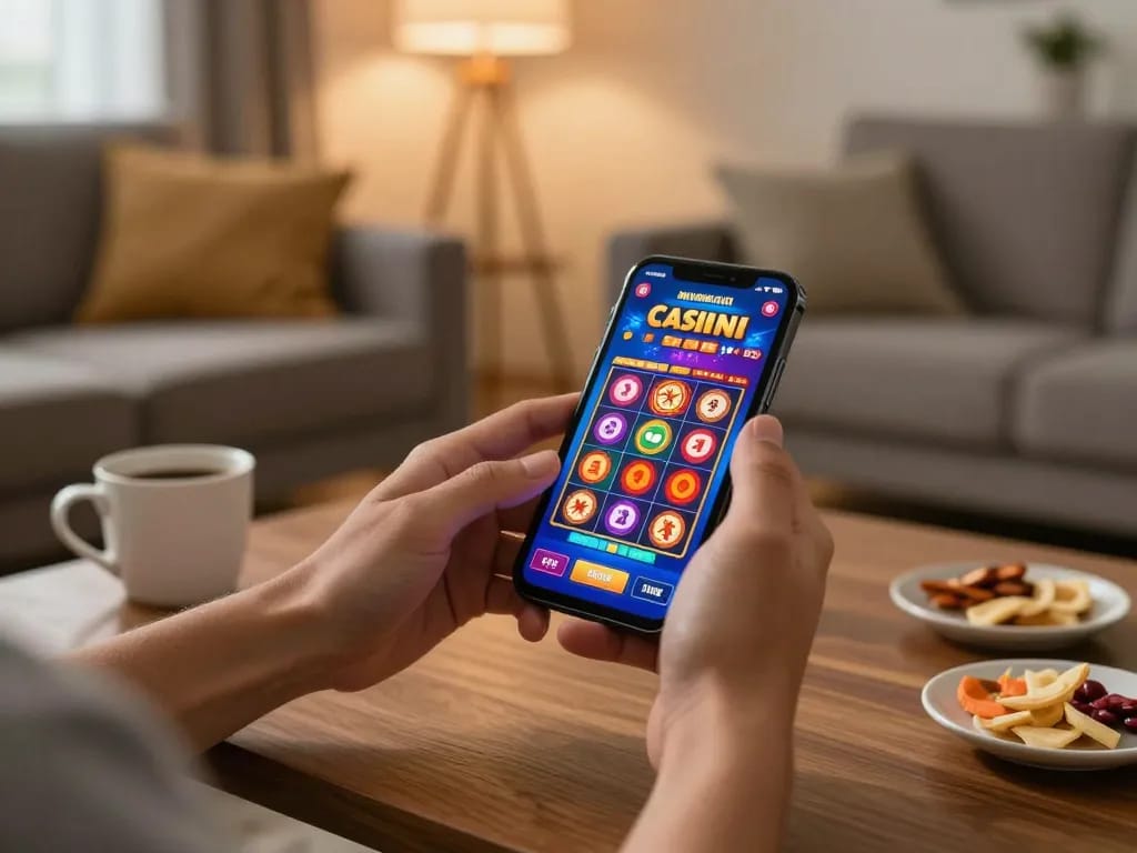 Engaging in exciting gaming action at 68gamebaivn on a smartphone in a cozy living room.