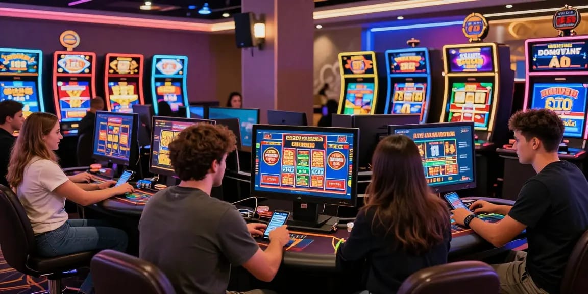 Engaged players enjoying exciting gameplay at credit card online casinos, showcasing vibrant atmosphere and popular games.