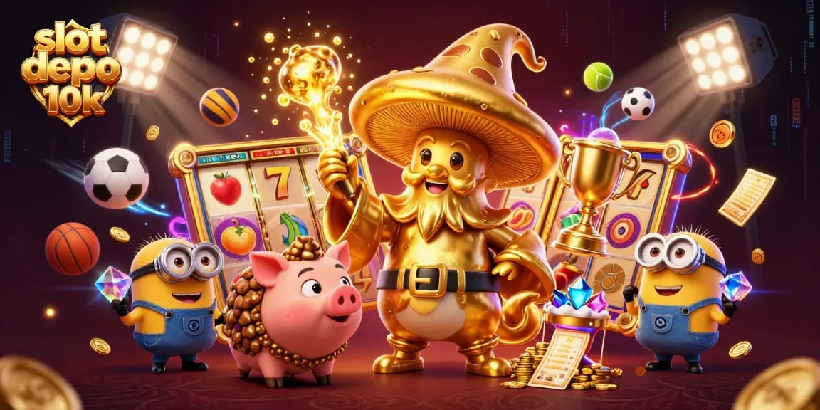 Spin to win at slot depo 10k with a magical golden mushroom wizard channeling luck.