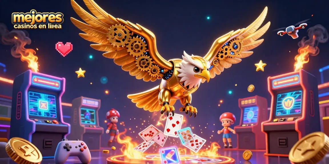 Disfruta en los mejores casinos en línea con una ilustración 3D de un águila dorada y cartas holográficas.