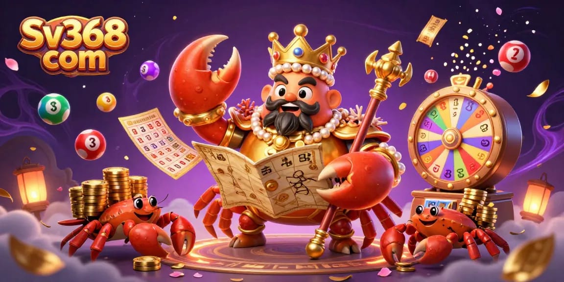Experience thrilling games at Sv368 com with colorful lottery elements and a royal crab character.