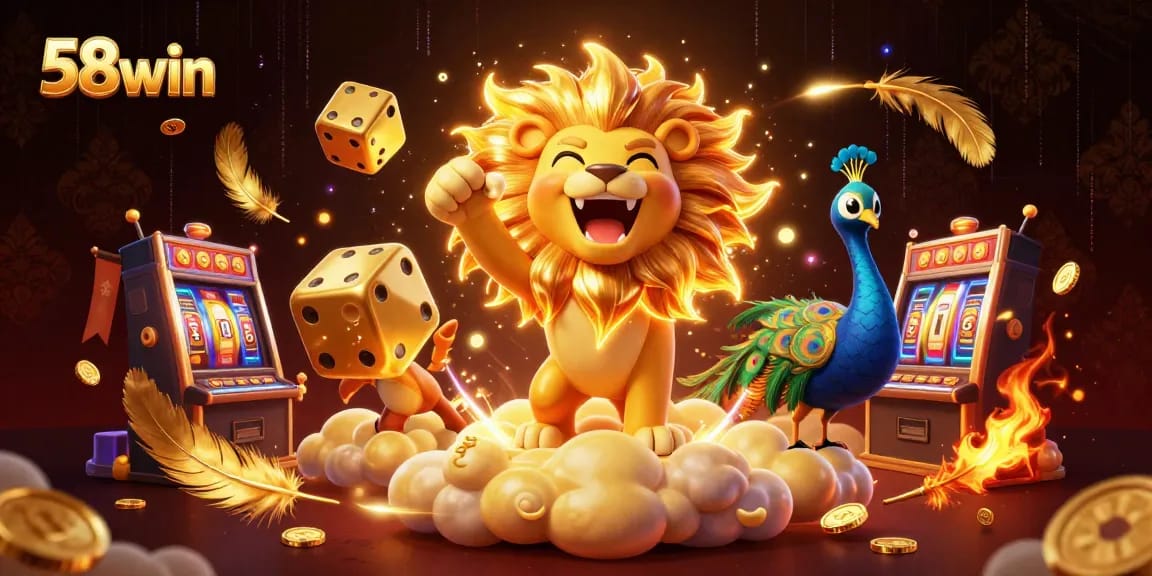 Engage with 58win's exciting slot games surrounded by golden dice and vibrant casino elements.