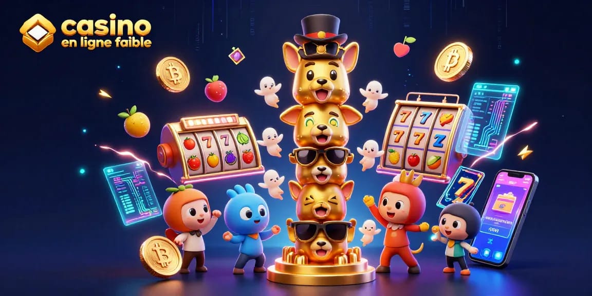 Illustration d'un totem en ligne fiable de casino avec éléments de jeu et de crypto-monnaie.