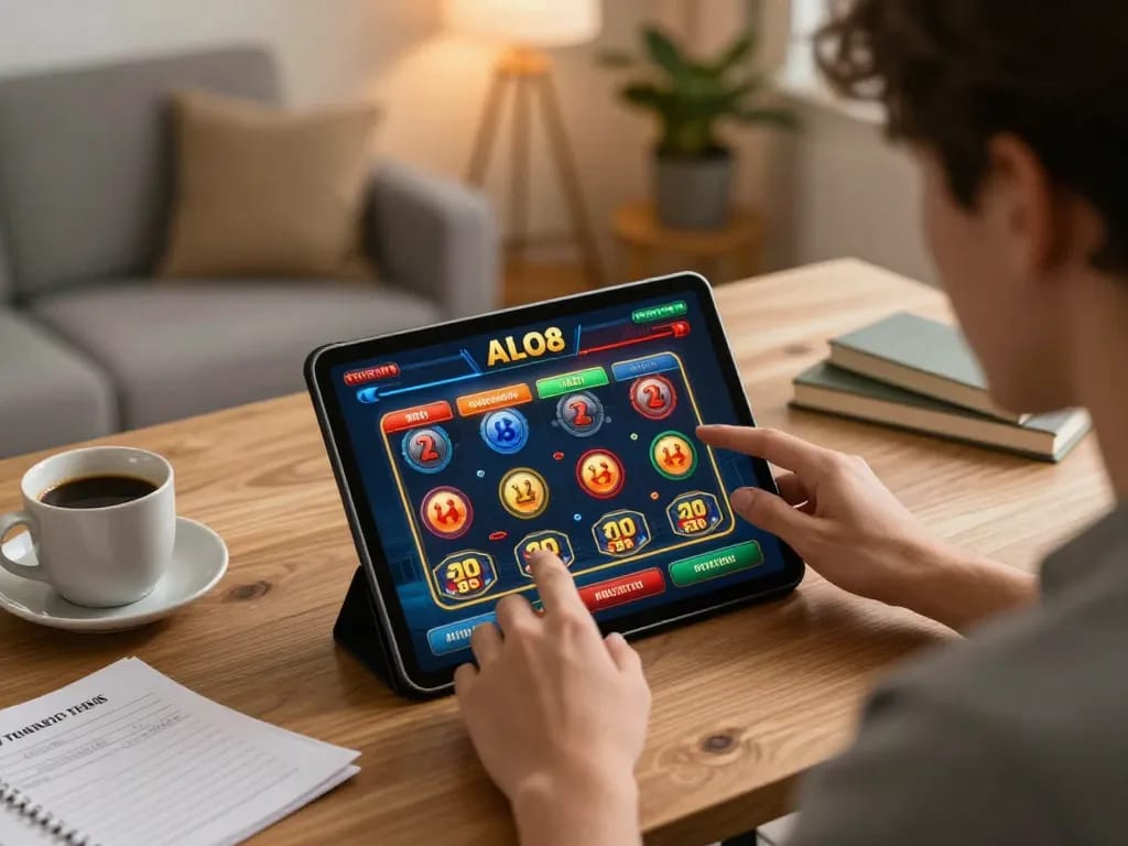 Player engages with ALO8 online betting platform from home, showcasing a strategic gaming approach.