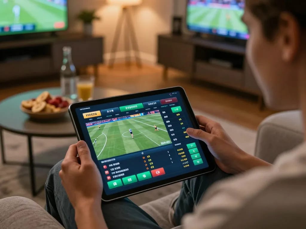 Fabet user placing sports bets on a tablet, showcasing live odds and excitement in a cozy setting.