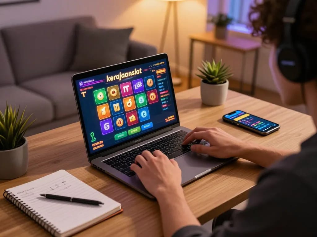 Engaged player enjoying kerajaanslot in a vibrant home gaming setup, showcasing excitement and strategy.