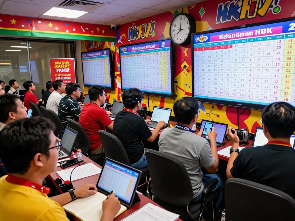 Keluaran HK live draw event with excited players analyzing data, vibrant atmosphere, and colorful decorations.
