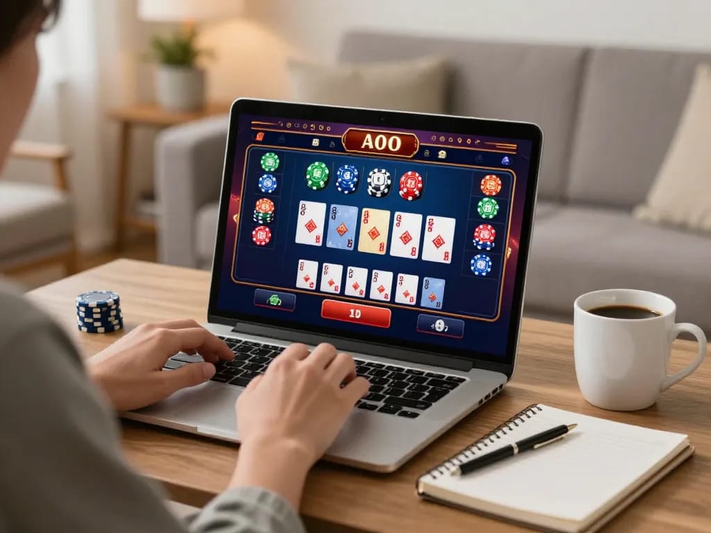 Person enjoying online casino gaming at home with 88clbgo visible on screen, focused on strategy and gameplay.
