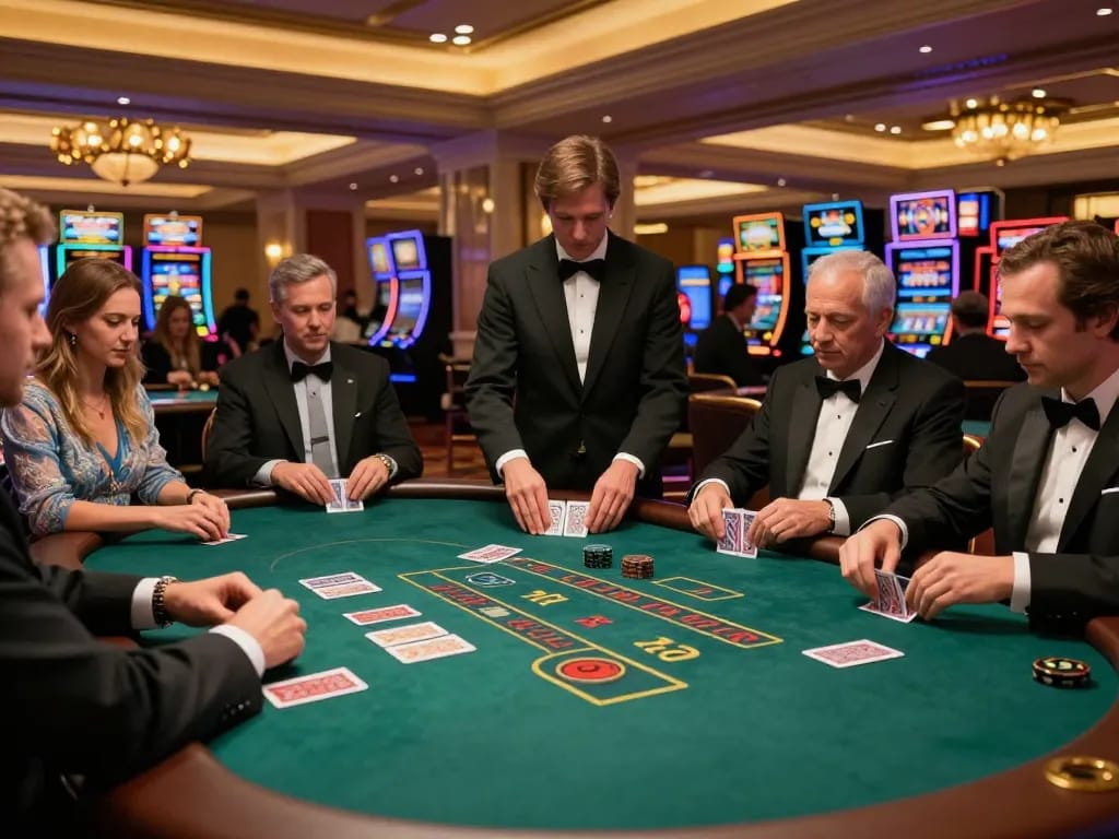 Players engaging in a strategic game of blackjack at a luxurious five88g casino table.