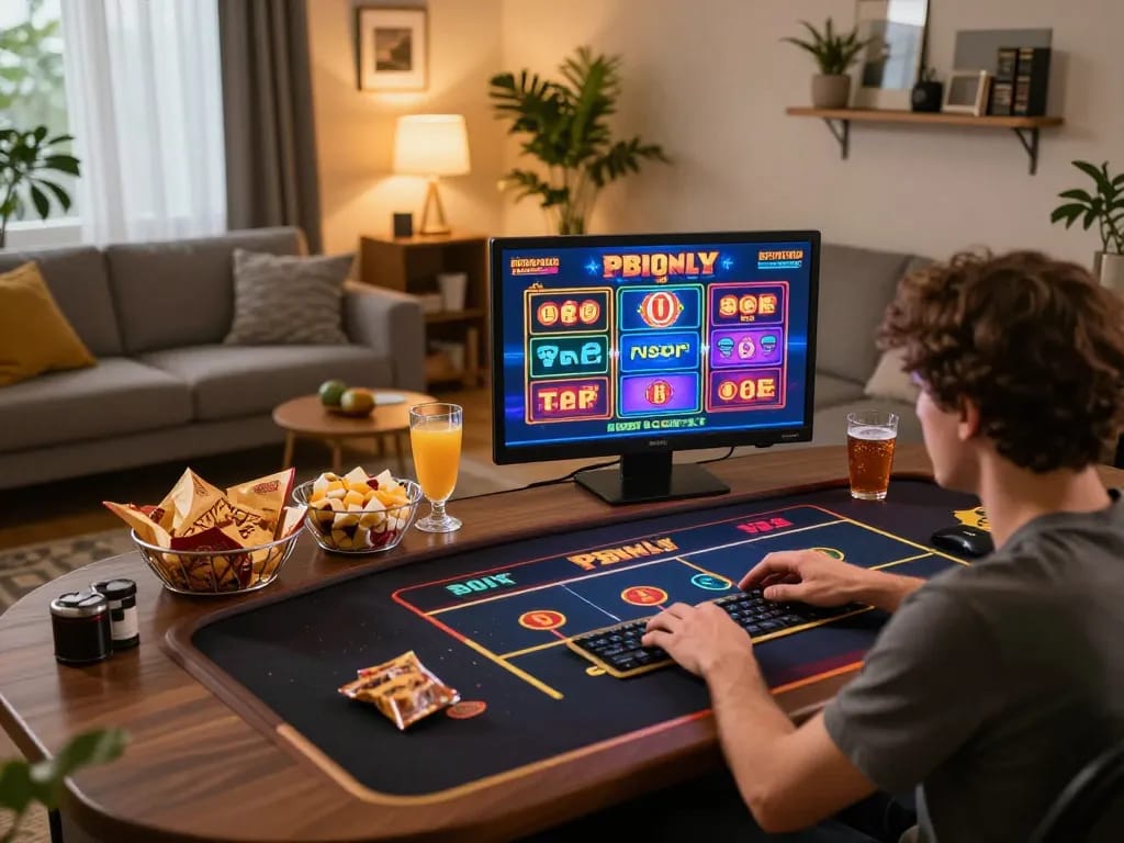 Player immersing in O8 online casino gameplay on laptop, enjoying a cozy home environment.