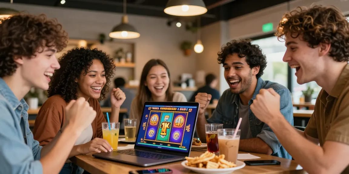 Exciting slot deposit 1k gaming scene with friends enjoying online play in a cozy cafe.