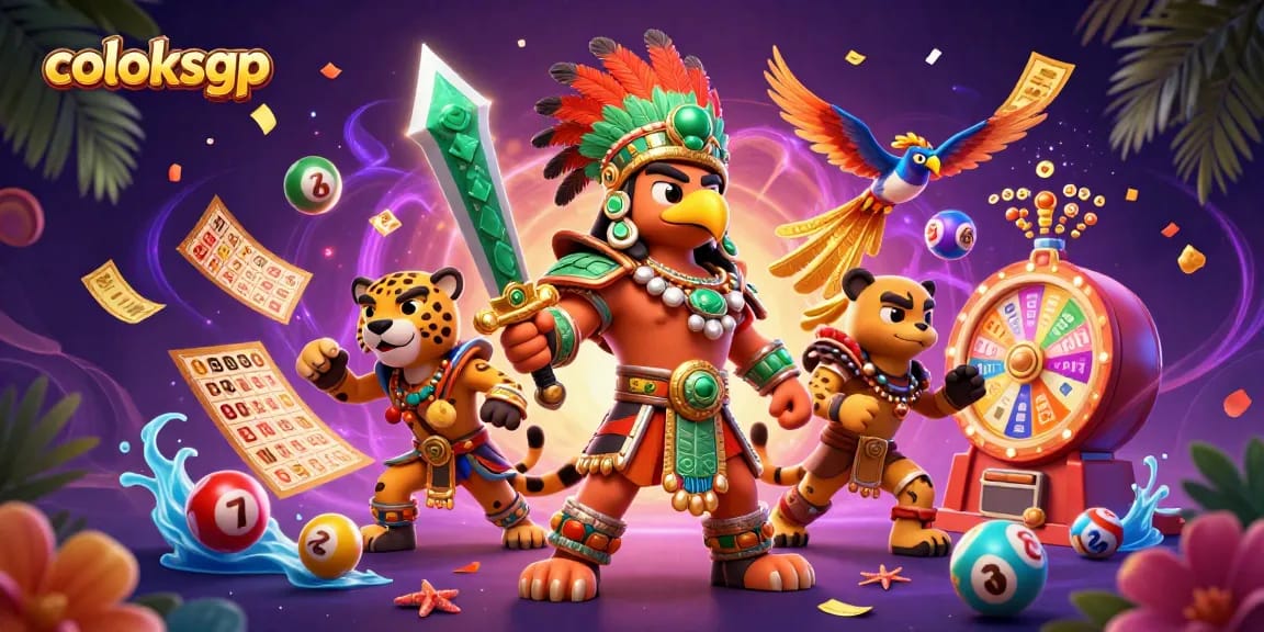 Coloksgp menampilkan ilustrasi 3D dinamis dengan karakter pahlawan Aztec dan elemen lotere yang berwarna-warni.