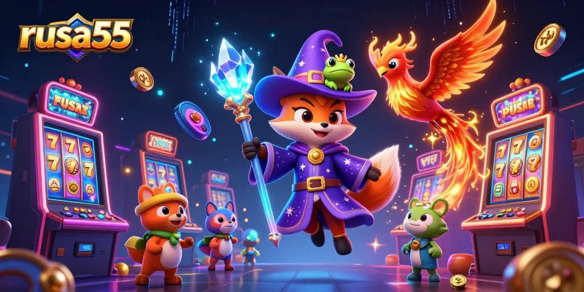 Experience thrilling gameplay with rusa55 in this vibrant casino-inspired scene full of dazzling slot elements.